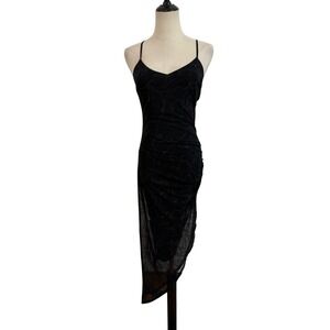 Y2K Q USA Black Mesh Glitter Slip Dress S Asymmetrical Ruched Midi 90s Club Goth